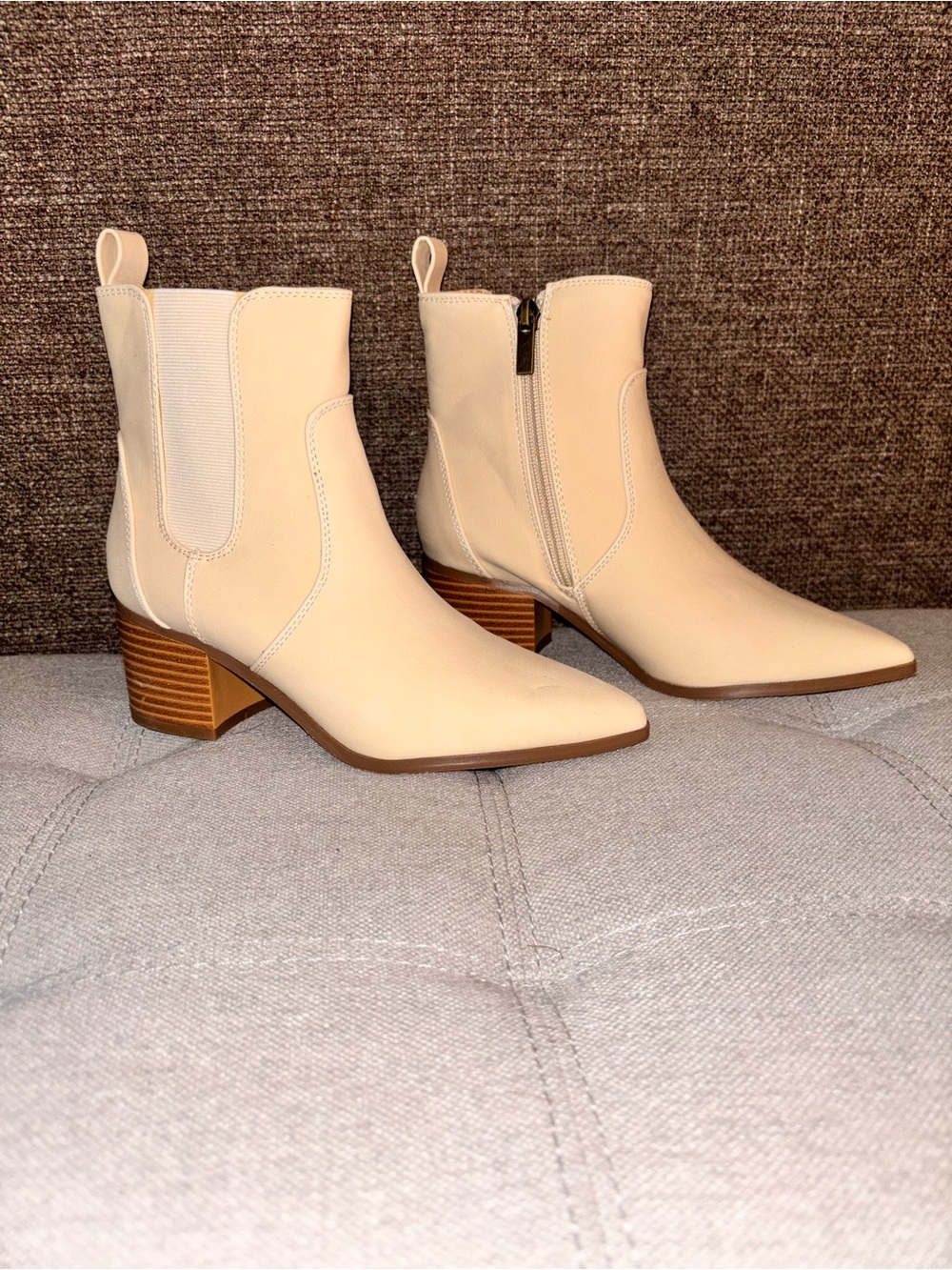 Women's Cream Pointed Toe Ankle Booties with Stacked Heel